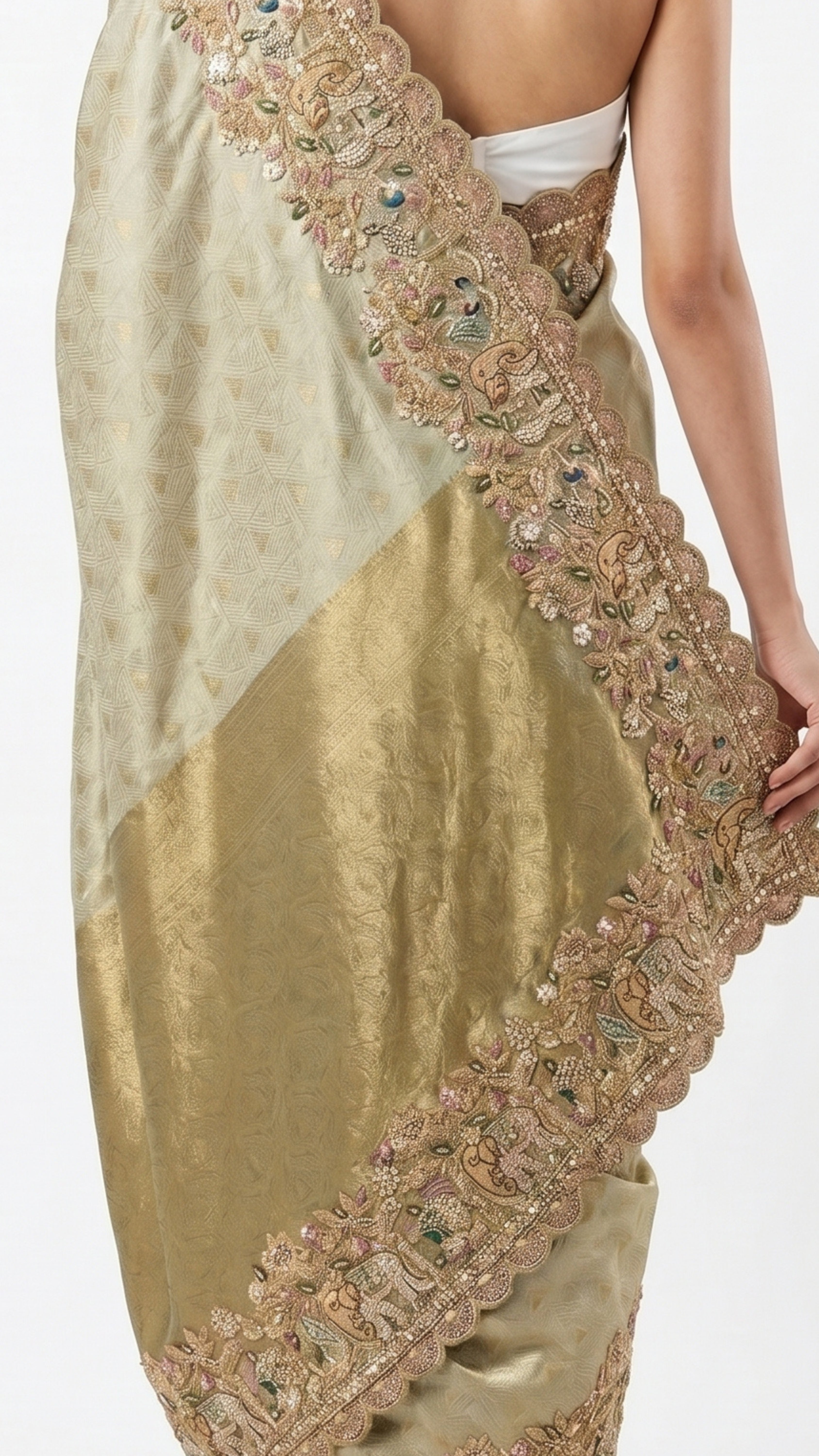 Muted Olive Gold Tissue Silk Saree Embellished with Zari, Cutdana & Zarkan Work